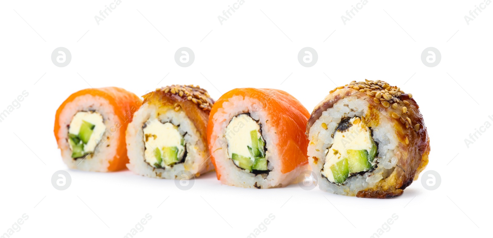 Photo of Different delicious sushi rolls on white background