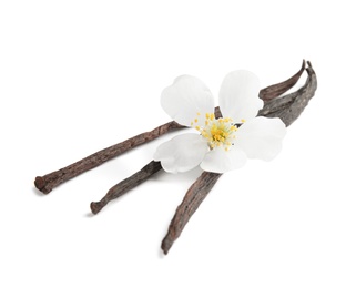 Photo of Aromatic vanilla sticks and flower on white background