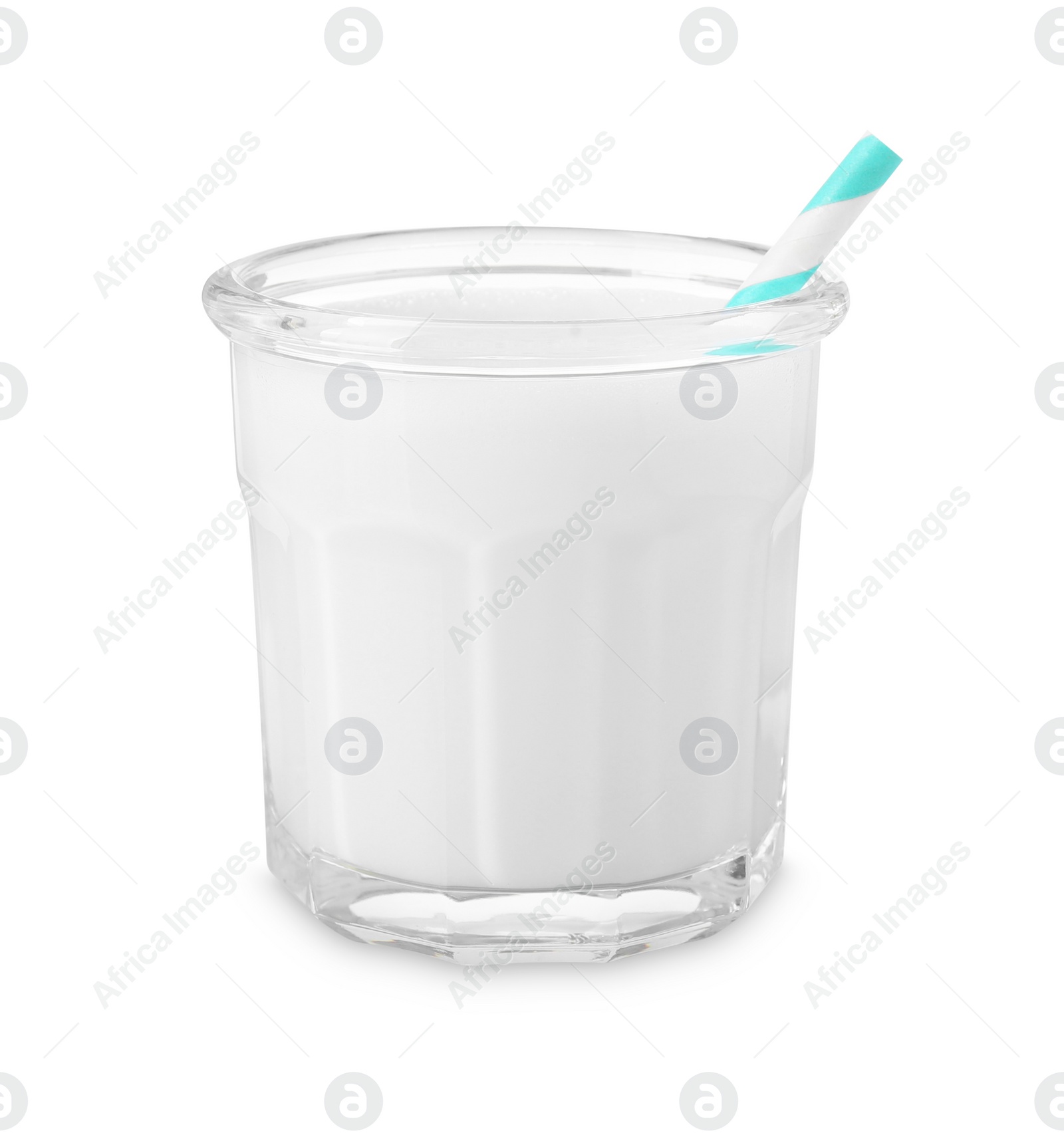 Photo of Glass of fresh milk with straw isolated on white