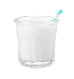 Glass of fresh milk with straw isolated on white