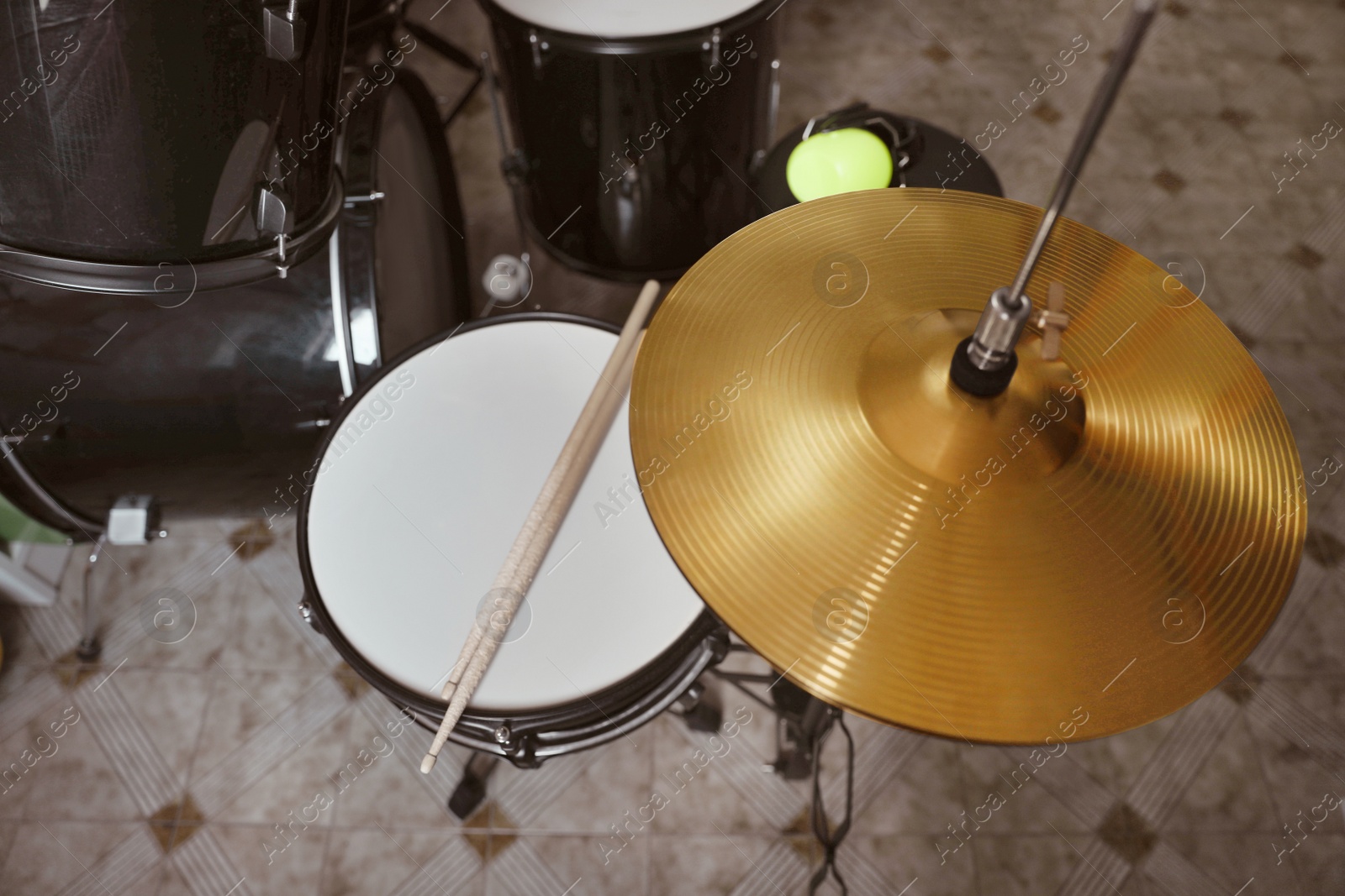 Photo of Above view of drum set in studio