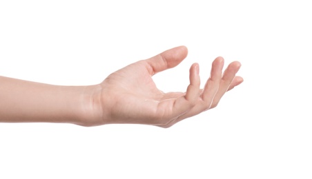 Woman holding something in hand on white background, closeup