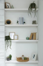 Many shelves with different decor in room. Interior design