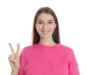 Photo of Woman showing number two with her hand on white background