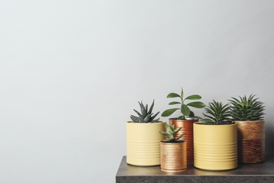Beautiful houseplants in tin cans on grey stone table. Space for text