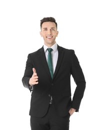 Photo of Young business trainer on white background