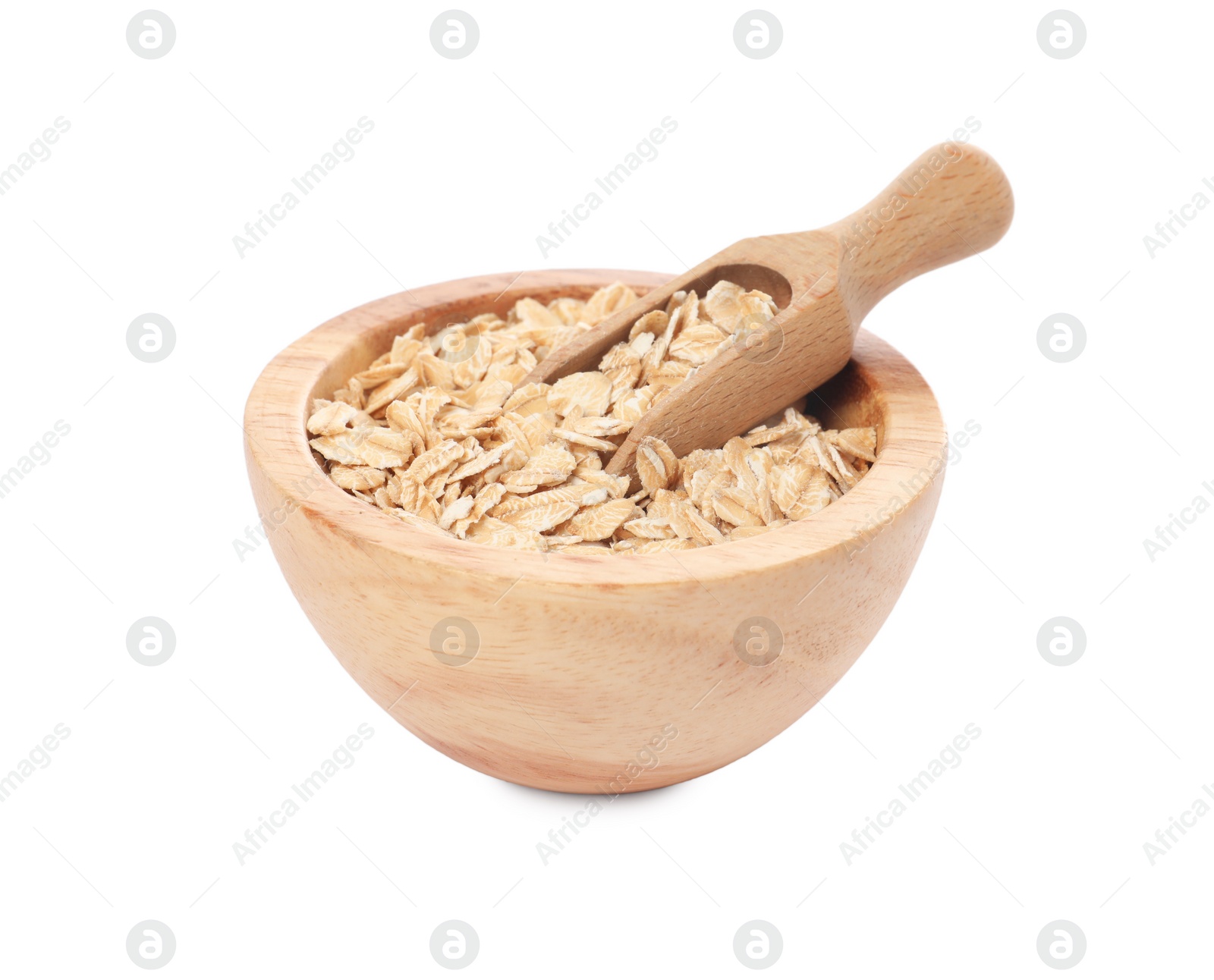 Photo of Bowl and scoop with oatmeal isolated on white