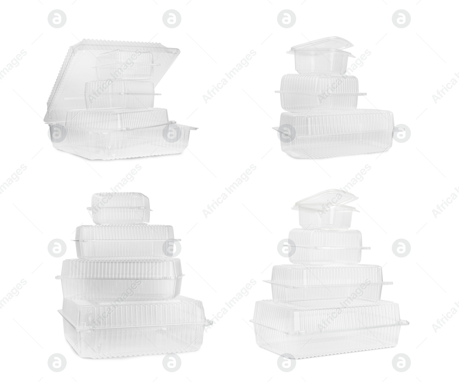 Image of Set with empty plastic containers for food on white background