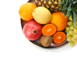 Photo of Plate with fresh tropical fruits on white background