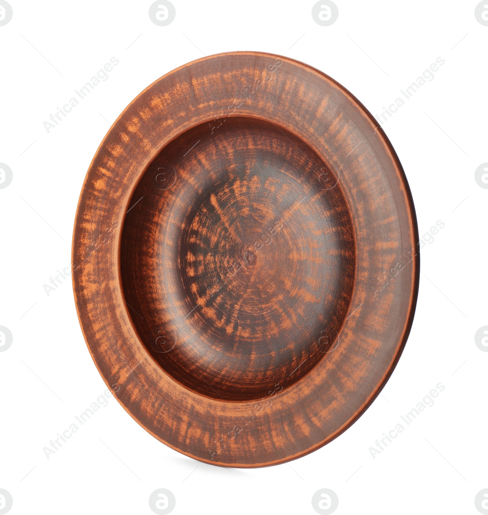 Photo of Stylish brown clay plate isolated on white