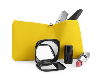 Stylish pocket mirror and cosmetic bag with makeup products on white background