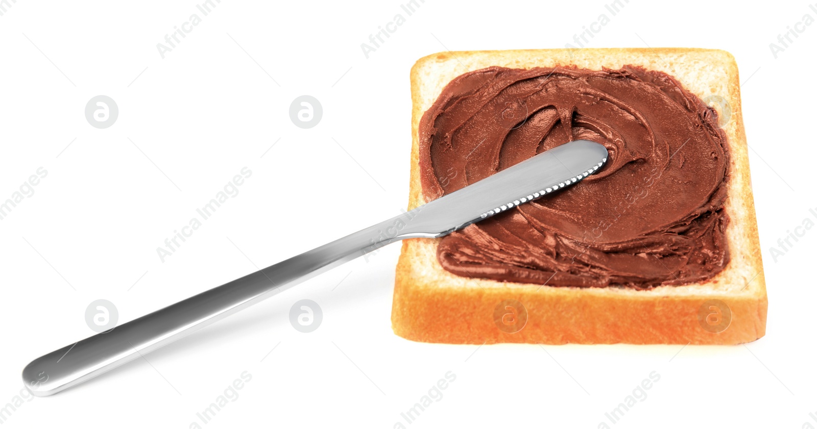 Photo of Tasty toast with chocolate paste and knife on white background