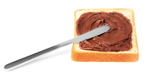 Photo of Tasty toast with chocolate paste and knife on white background