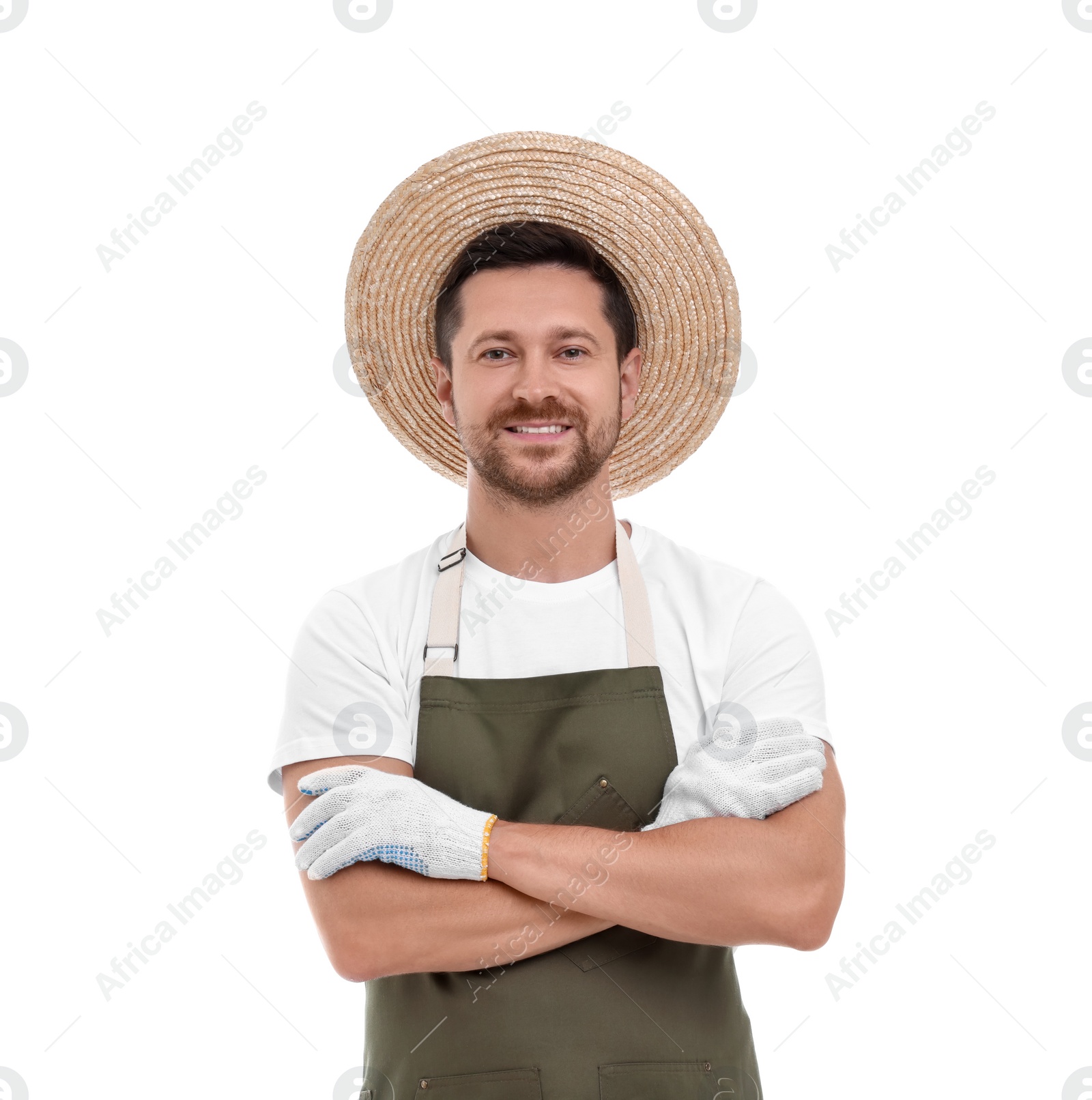 Photo of Smiling farmer with crossed arms on white background. Harvesting season
