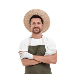 Smiling farmer with crossed arms on white background. Harvesting season