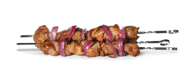 Photo of Metal skewers with delicious meat and onion on white background
