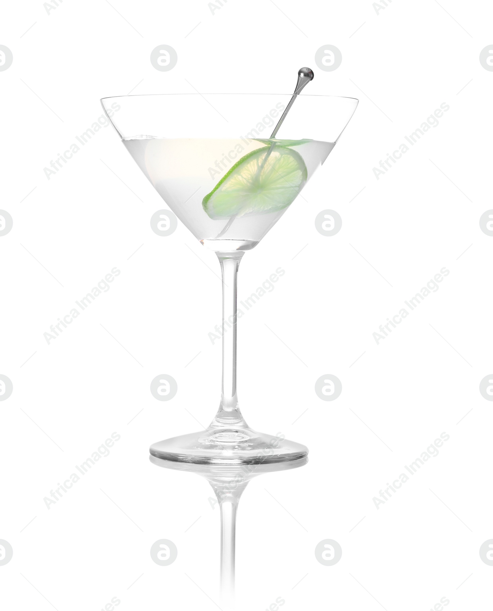 Photo of Glass of tasty martini with lime on white background