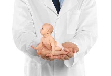 Image of Surrogacy concept. Doctor holding cute little baby on white background, closeup