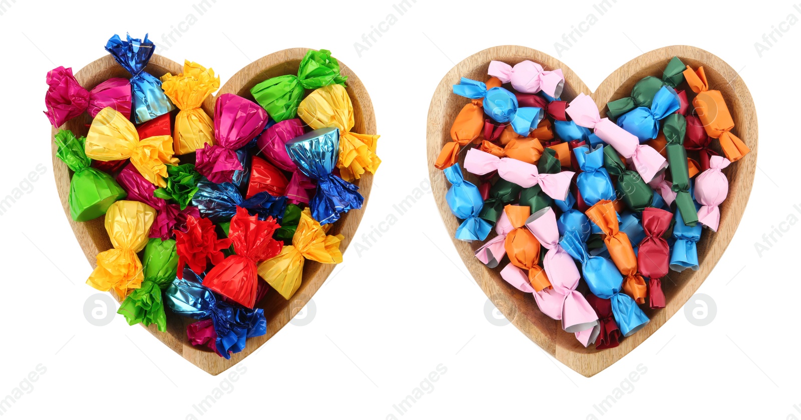 Image of Heart shaped plate with candies in colorful wrappers on white background, top view