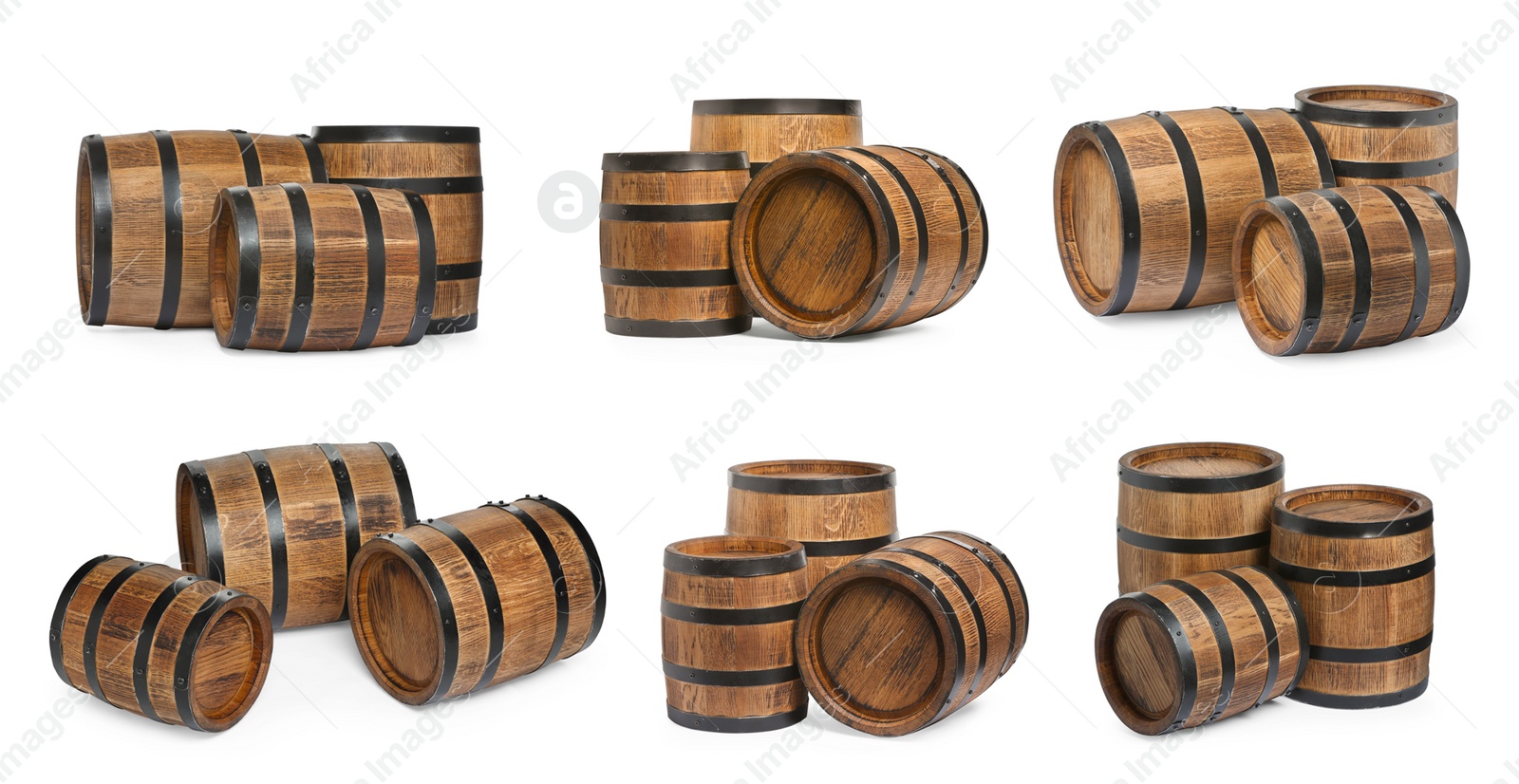 Image of Collage with wooden barrels on white background