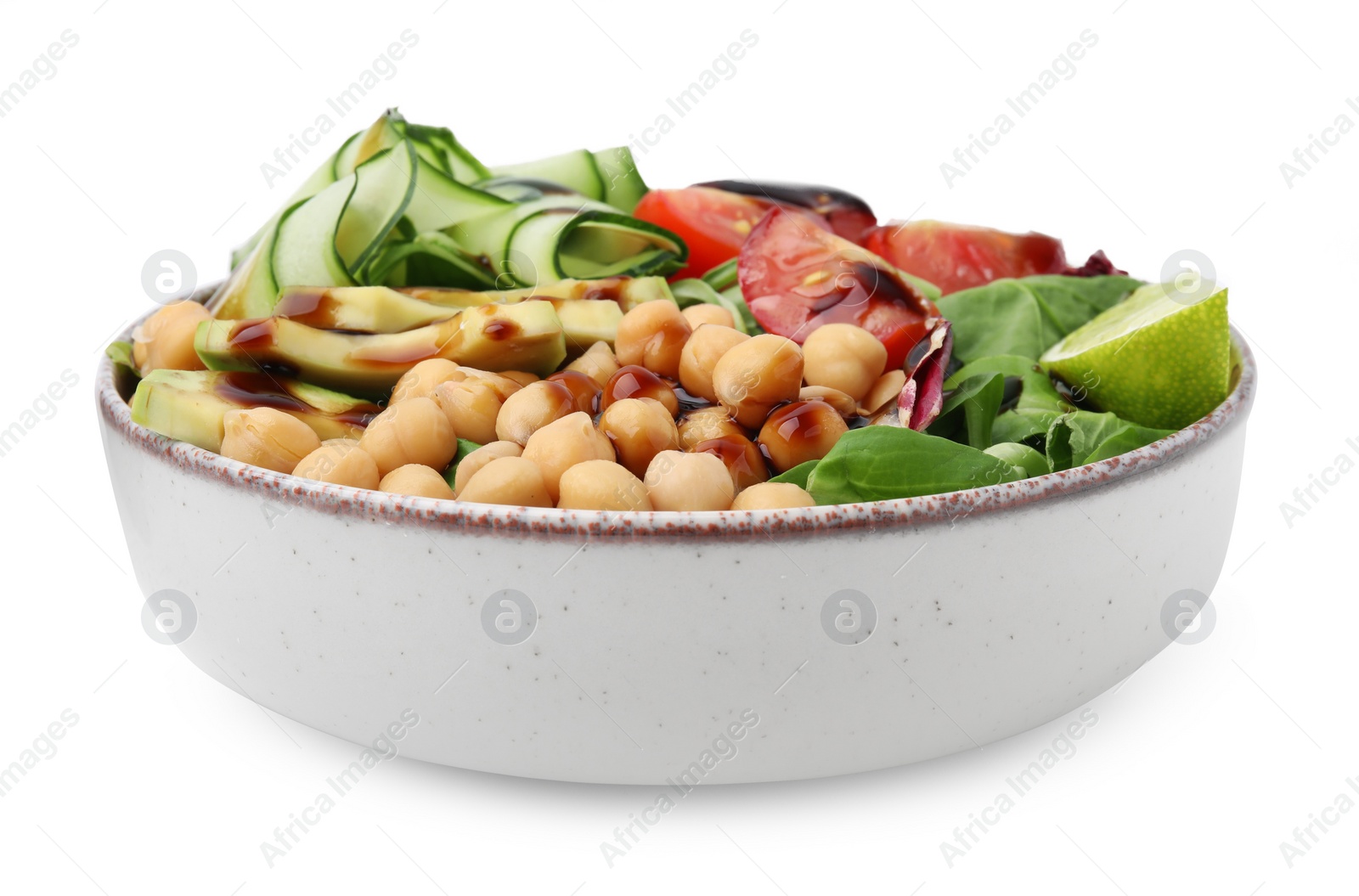 Photo of Delicious salad with chickpeas, vegetables and balsamic vinegar in bowl isolated on white