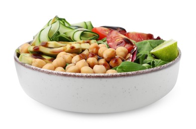 Photo of Delicious salad with chickpeas, vegetables and balsamic vinegar in bowl isolated on white