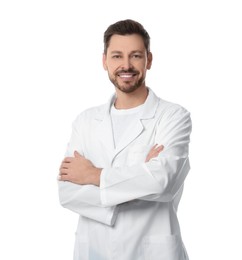 Photo of Doctor or medical assistant (male nurse) in uniform on white background