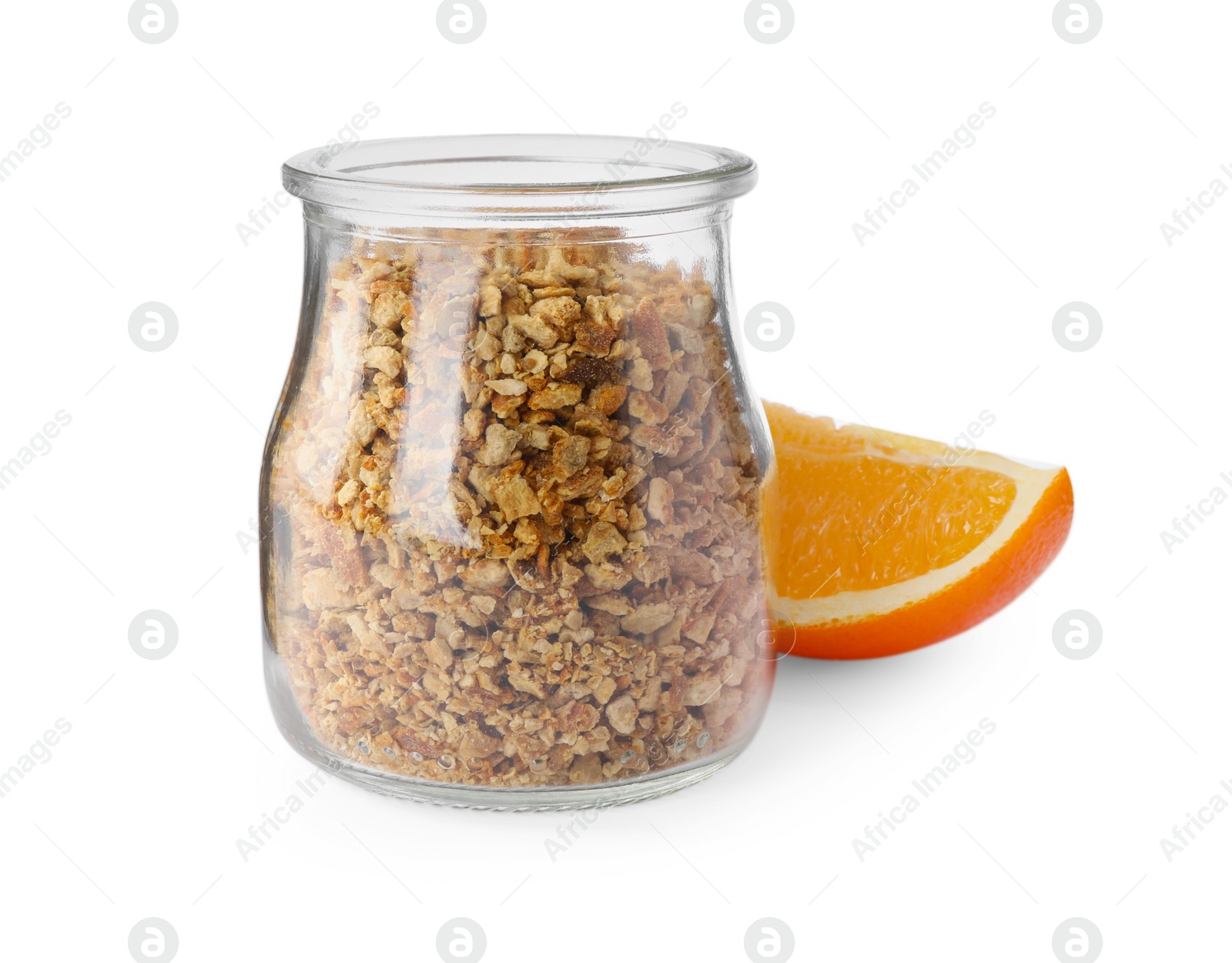 Photo of Jar of dried orange zest seasoning and fresh fruit isolated on white