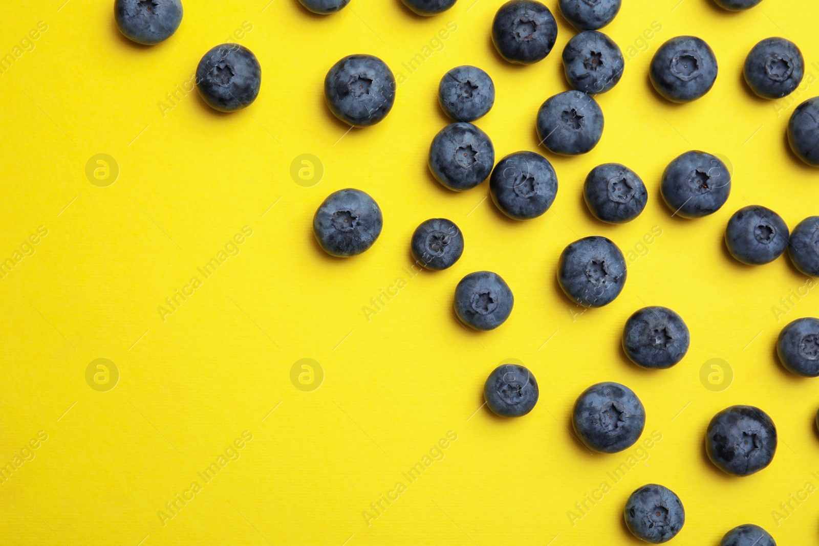 Photo of Flat lay composition with tasty blueberry and space for text on color background