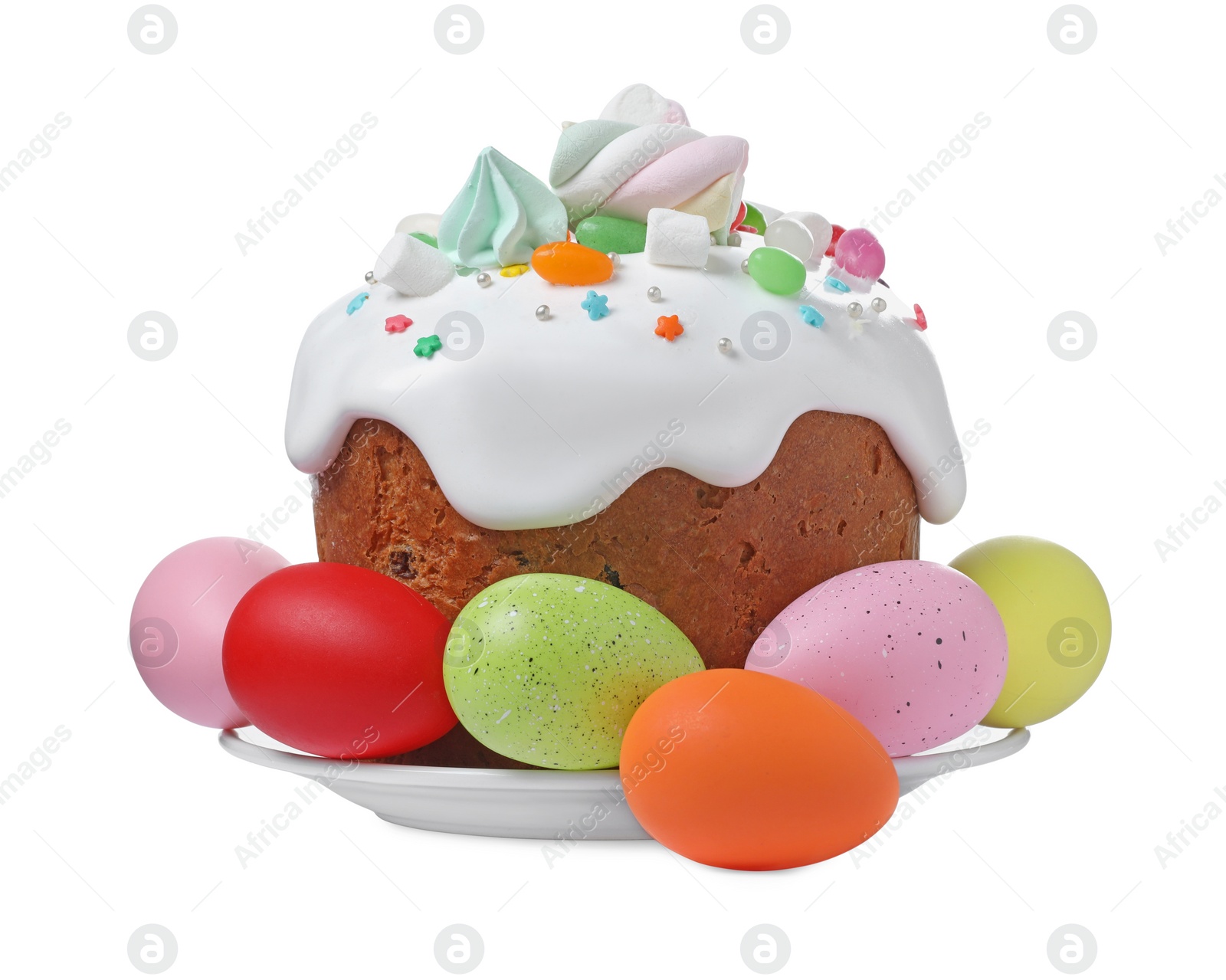 Photo of Traditional Easter cake with sprinkles, jelly beans, marshmallows and painted eggs isolated on white