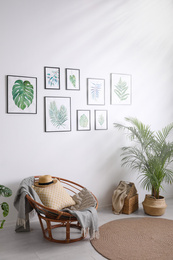 Beautiful paintings of tropical leaves on white wall in living room interior