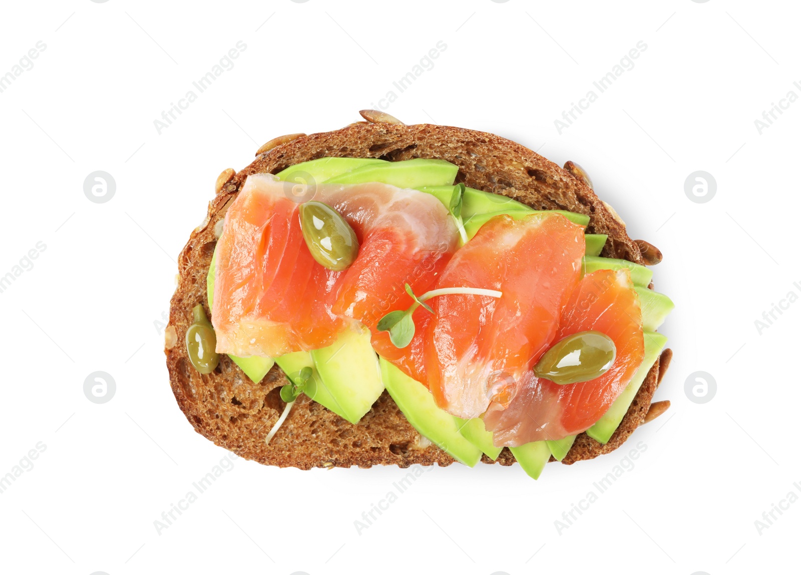 Photo of Delicious sandwich with salmon, avocado and capers isolated on white, top view