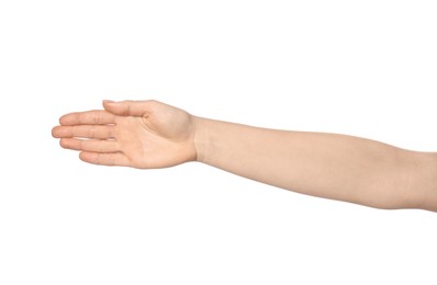 Photo of Woman showing hand on white background, closeup