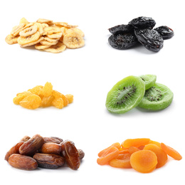 Image of Set of different dry fruits on white background