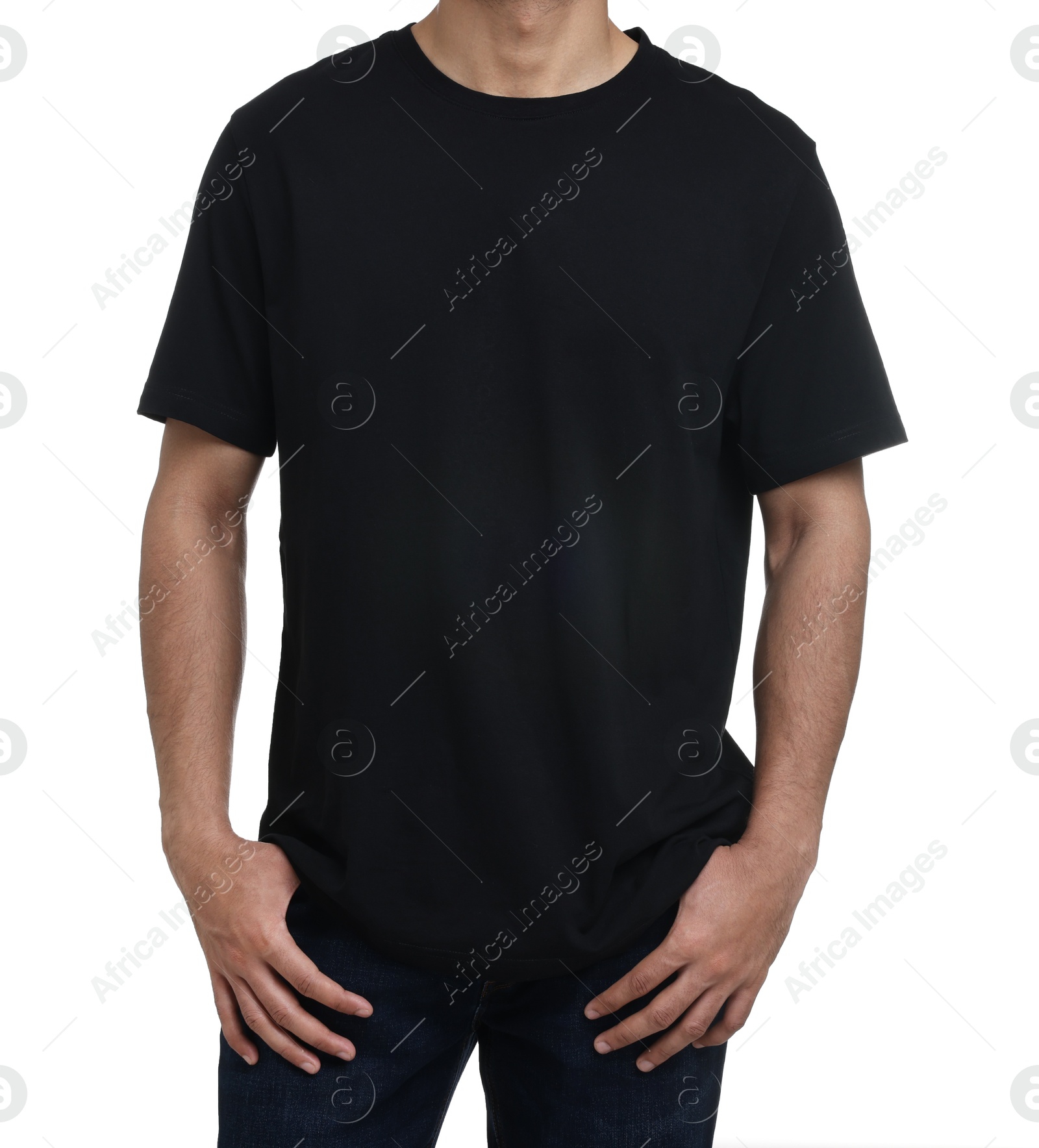 Photo of Man in black t-shirt on white background, closeup