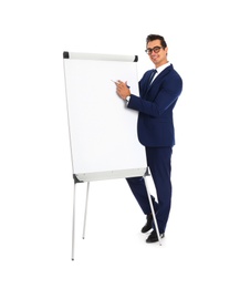 Photo of Professional business trainer near flip chart on white background