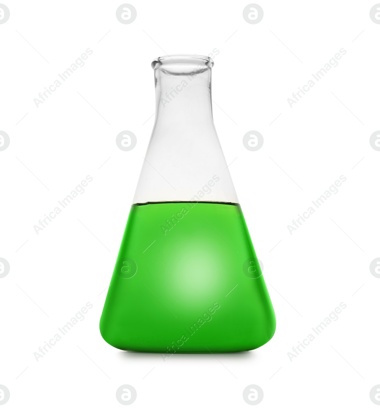 Photo of Conical flask with color liquid isolated on white. Chemistry glassware