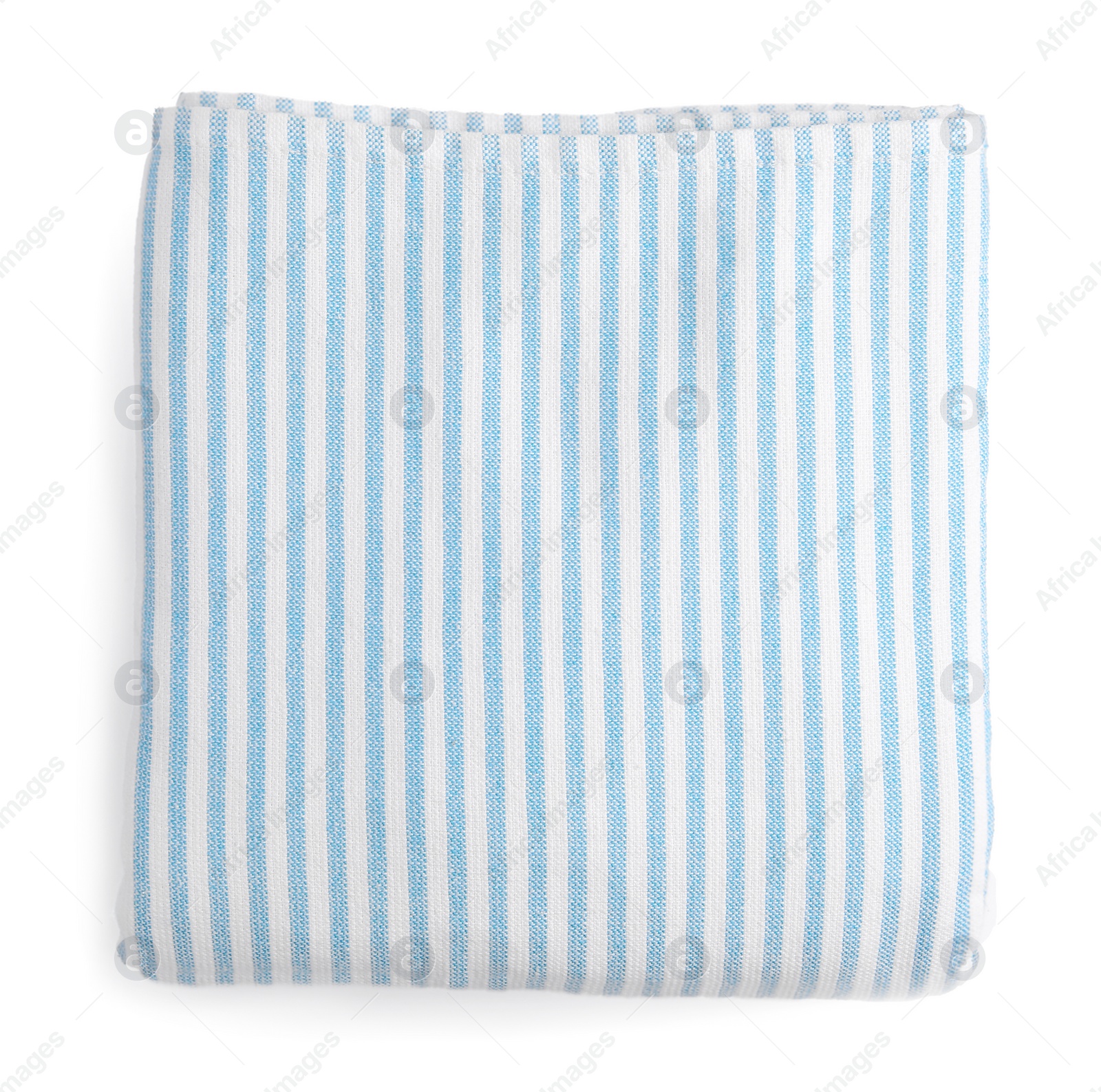 Photo of One striped beach towel isolated on white, top view