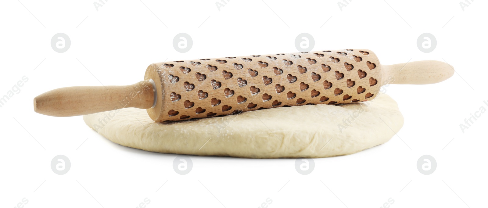 Photo of Raw dough and rolling pin isolated on white