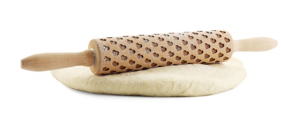 Photo of Raw dough and rolling pin isolated on white