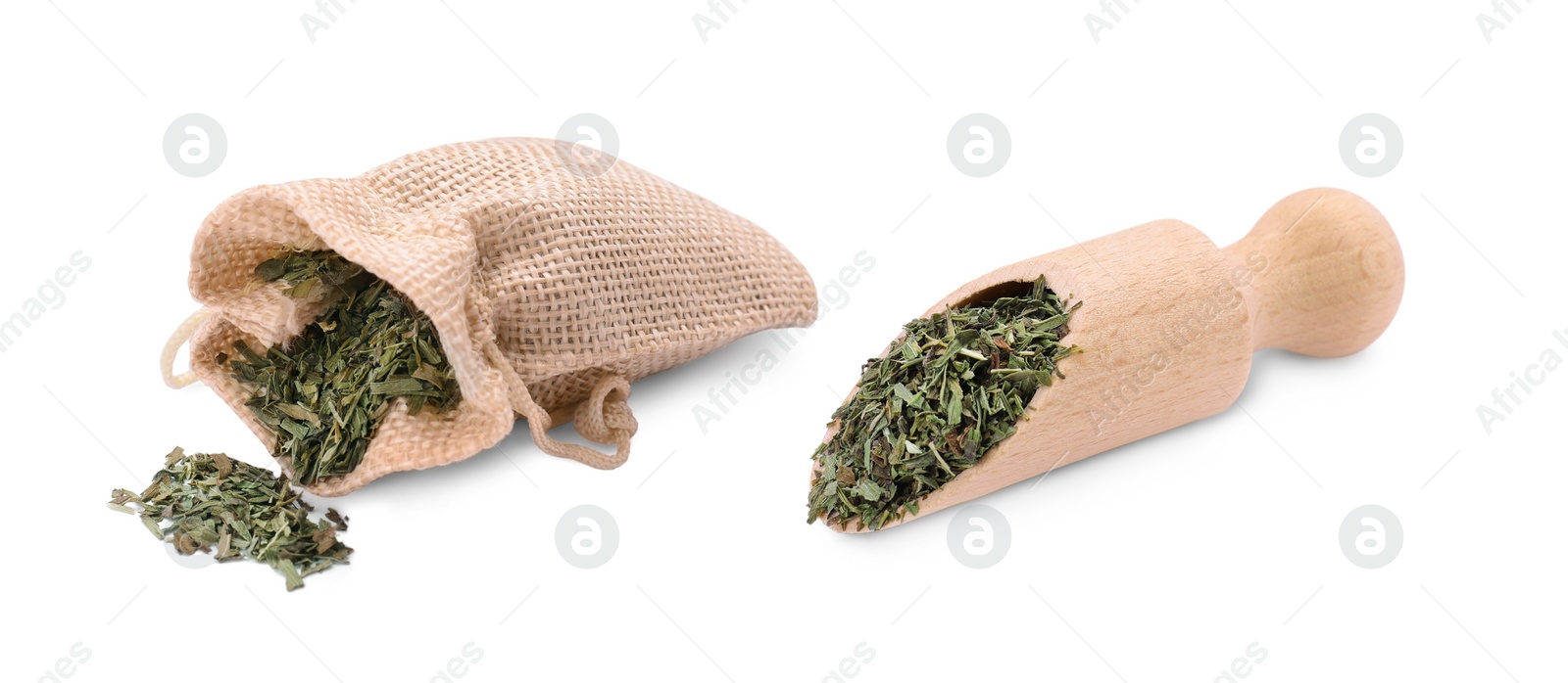 Image of Bag and scoop with dry tarragon isolated on white