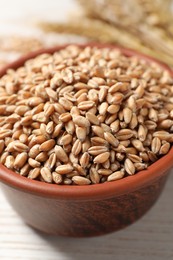 Photo of Wheat grains in bowl on white wooden table, closeup