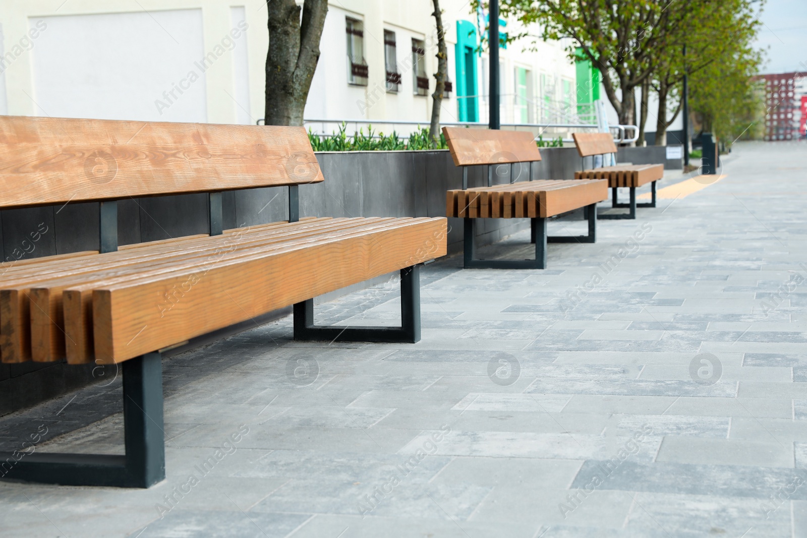 Photo of Paved city street with comfortable wooden benches