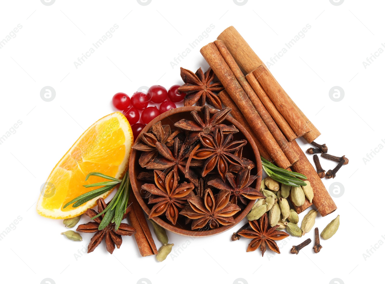 Photo of Composition with ingredients for mulled wine on white background