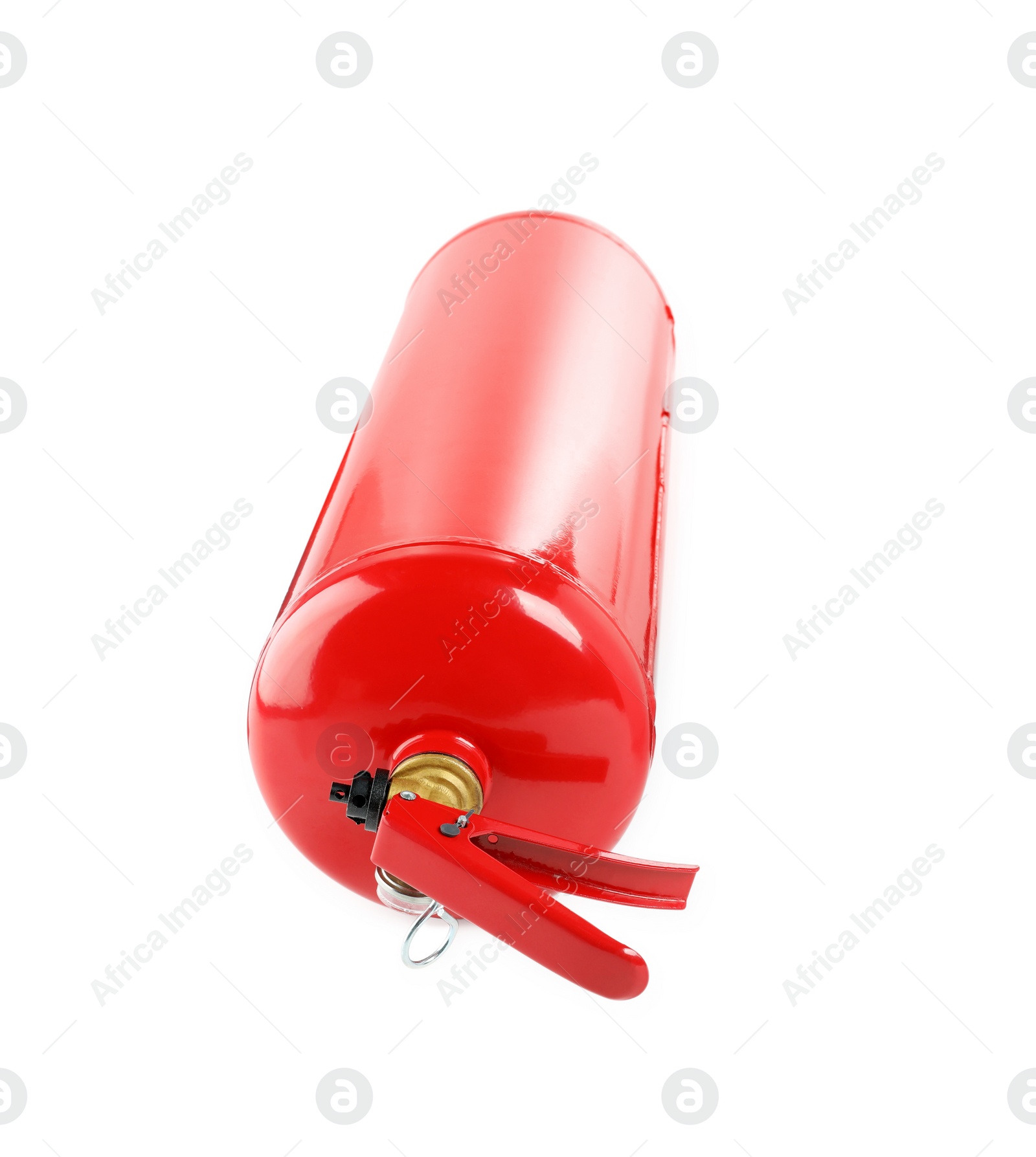 Photo of One red fire extinguisher on white background