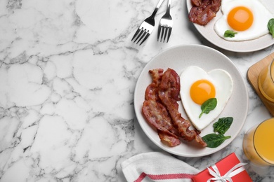 Photo of Romantic breakfast on white marble table, flat lay with space for text. Valentine's day celebration