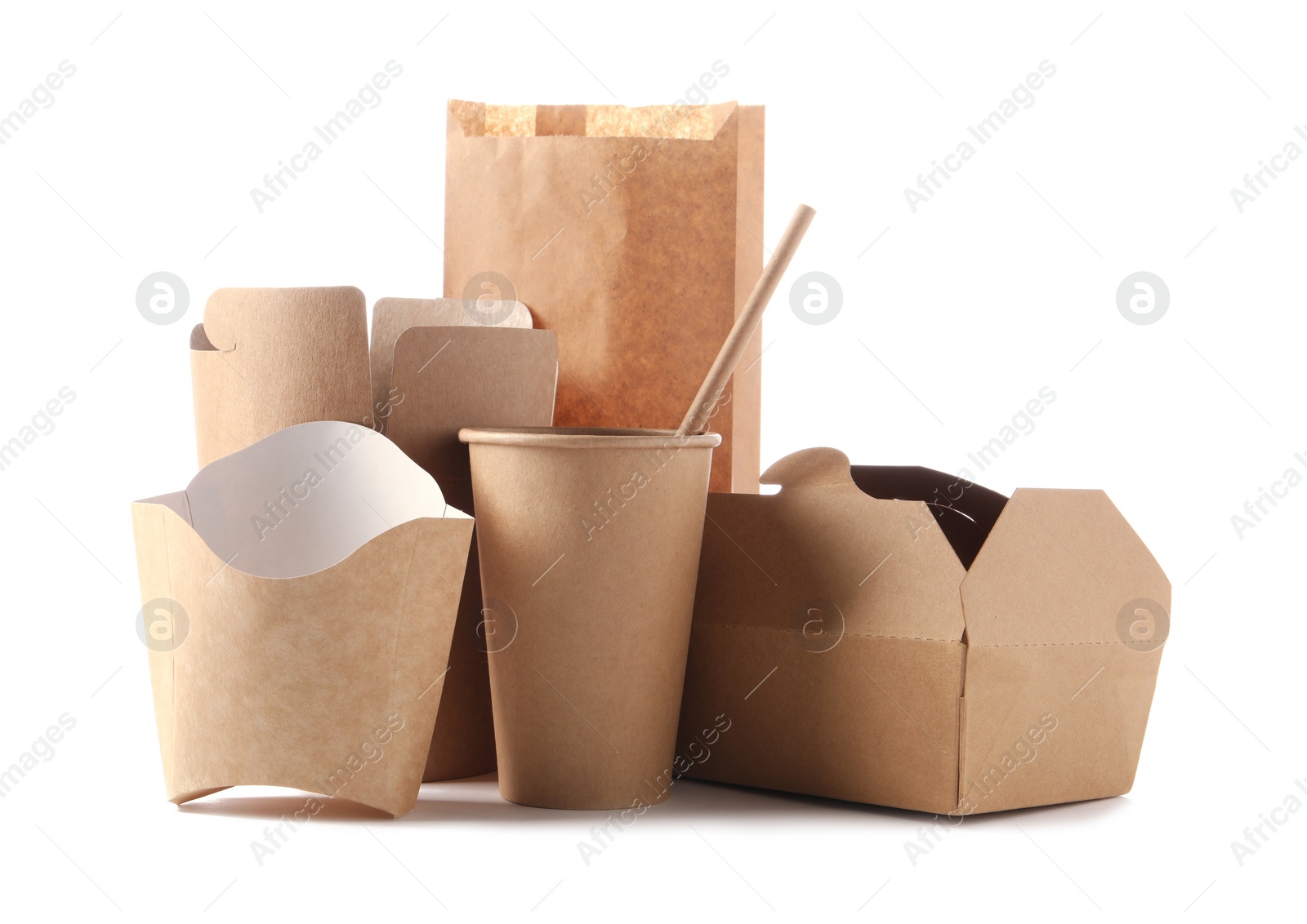 Photo of Eco friendly packaging. Disposable food containers and straw isolated on white