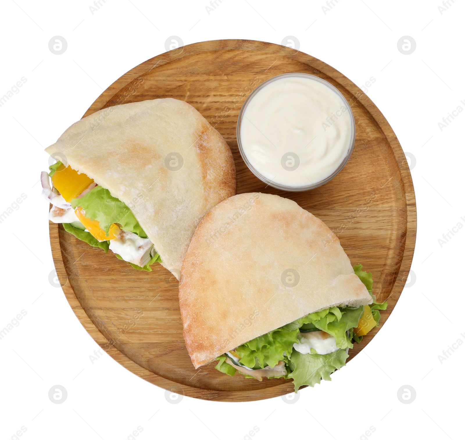 Photo of Delicious pita sandwiches with chicken breast and vegetables on white background, top view