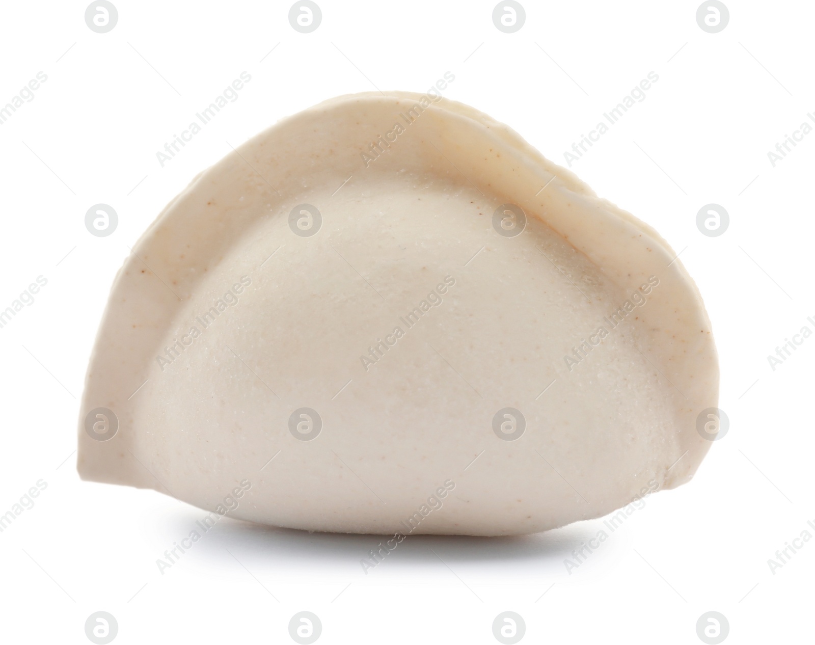 Photo of Raw dumpling with tasty filling on white background