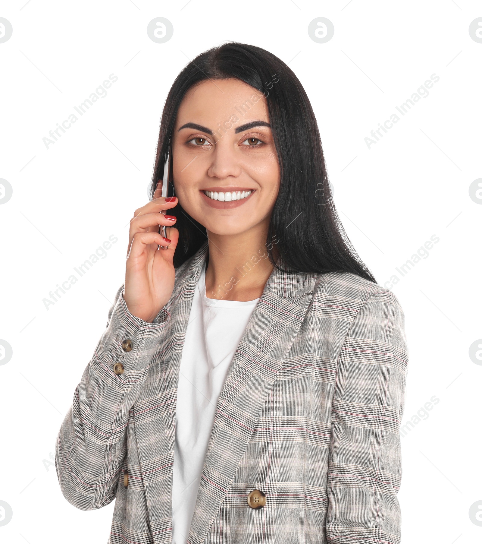 Photo of Beautiful young businesswoman talking by phone on white background